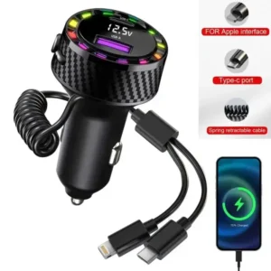 60W 2 Ports Car Phone Charger Cigarette Power Adapter Colorful RGB Light with Apple Type-C Port Charging Cable for IPhone