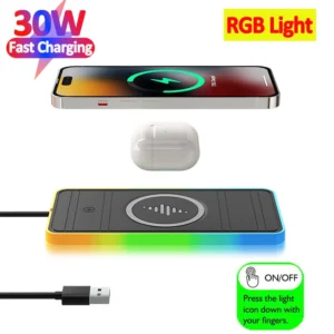 30W RGB Light Car Wireless Charger Stand Pad for iPhone15 14 13 12