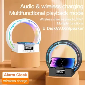 15W Wireless Charger Alarm Clock Atmospher Light TF AUX USB Disk FM Radio Speaker for Iphone 16 15 14 13 12 11 Pro Max