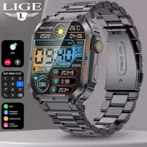 LIGE Outdoor Sports Fitness Smartwatch For Men 1.96 Inch Screen Bluetooth Calling Waterproof Watches