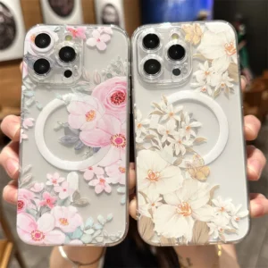 Clear Pink Flower Magsafe Magnetic Transparent Phone Case iPhone