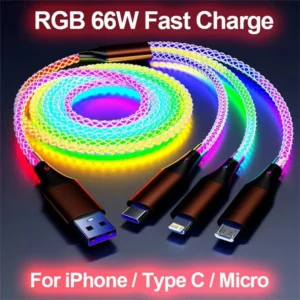 66W 6A 3-in-1 RGB Streamer Charging Cable Super Fast Charge Type-C/Micro/USB For iPhone