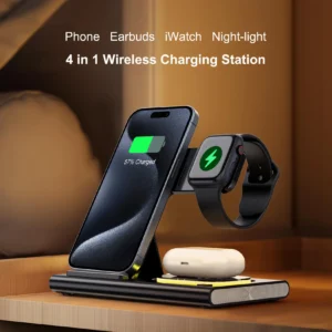 Wireless Charger Station, 4 in 1 Foldable 15W Fast Charging Wireless Charging Station